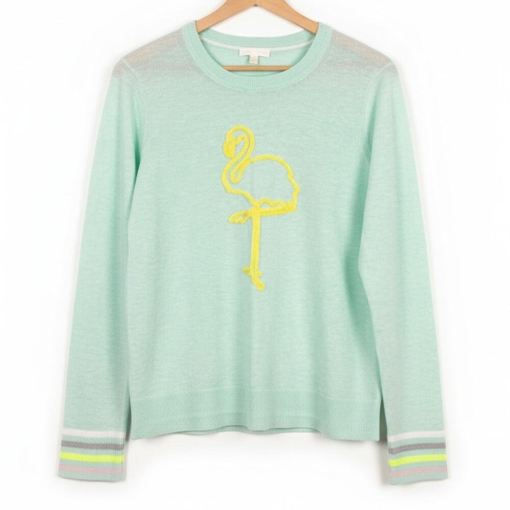 Lisa Todd Women L Linen Coastal Preppy Tropical Resortwear Flamingo Knit Sweater